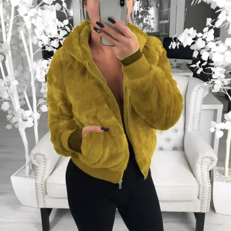 Women's Faux Fur Hooded Coat with Asymmetrical Zip and Slim Fit