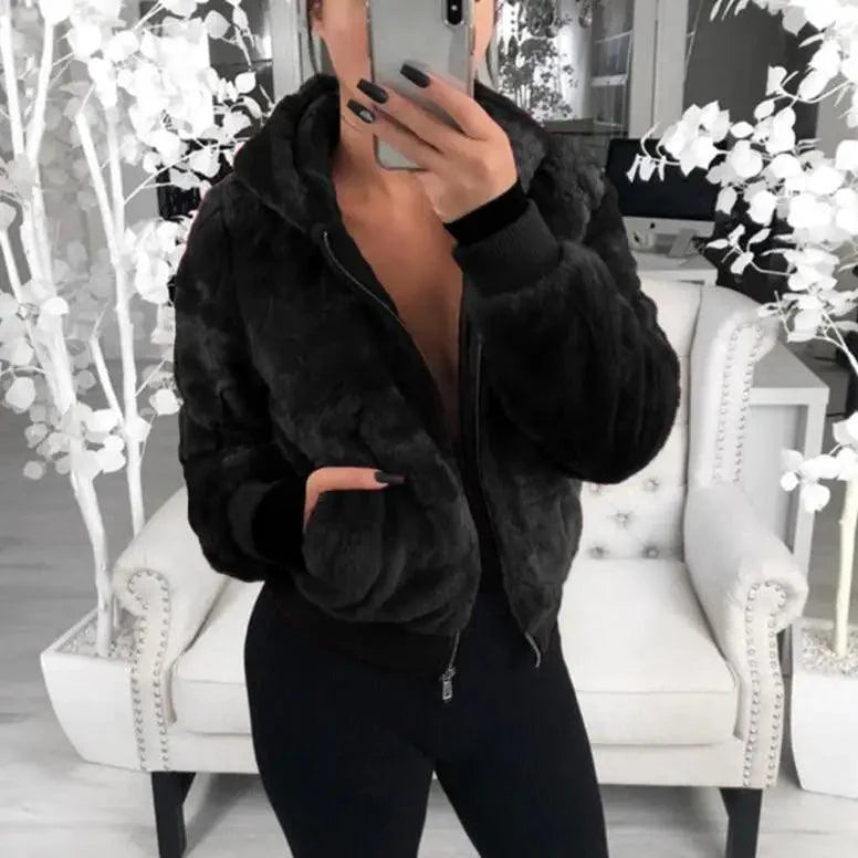 Women's Faux Fur Hooded Coat with Asymmetrical Zip and Slim Fit