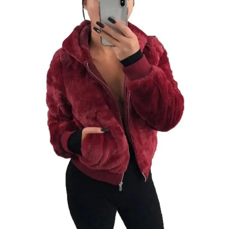 Women's Faux Fur Hooded Coat with Asymmetrical Zip and Slim Fit