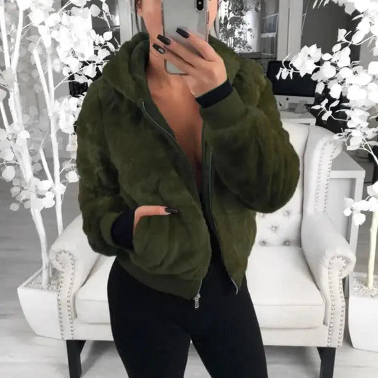Women's Faux Fur Hooded Coat with Asymmetrical Zip and Slim Fit