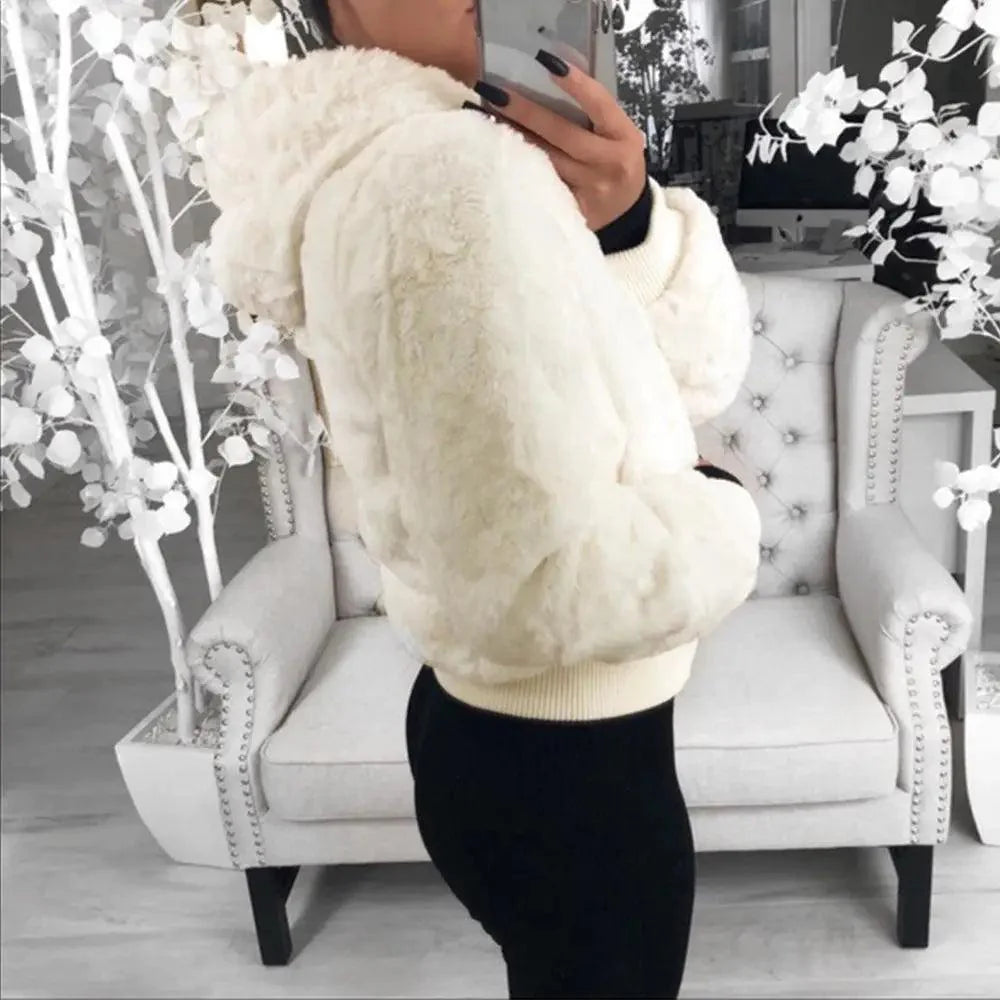 Women's Faux Fur Hooded Coat with Asymmetrical Zip and Slim Fit