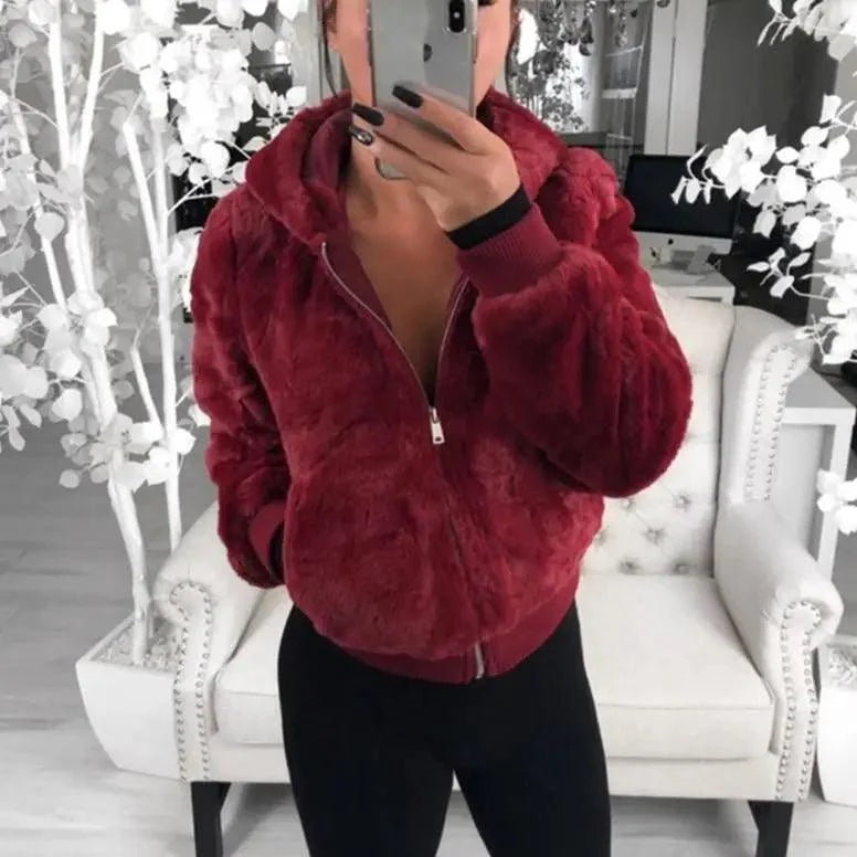 Women's Faux Fur Hooded Coat with Asymmetrical Zip and Slim Fit