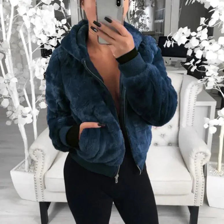 Women's Faux Fur Hooded Coat with Asymmetrical Zip and Slim Fit