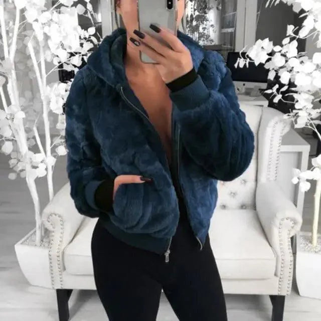 Women's Faux Fur Hooded Coat with Asymmetrical Zip and Slim Fit