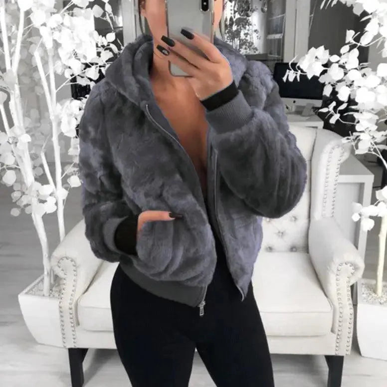 Women's Faux Fur Hooded Coat with Asymmetrical Zip and Slim Fit