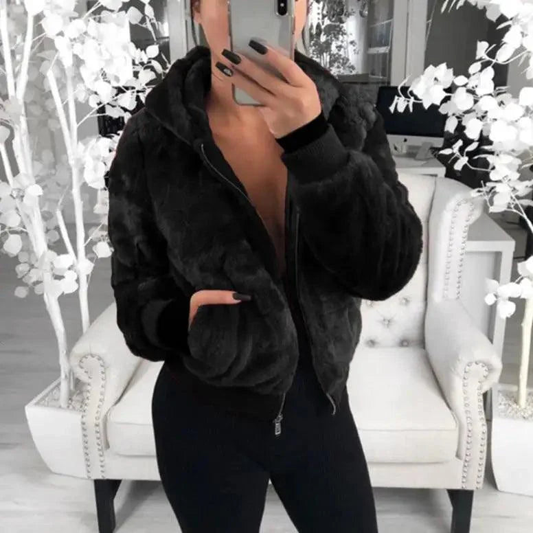 Women's Faux Fur Hooded Coat with Asymmetrical Zip and Slim Fit