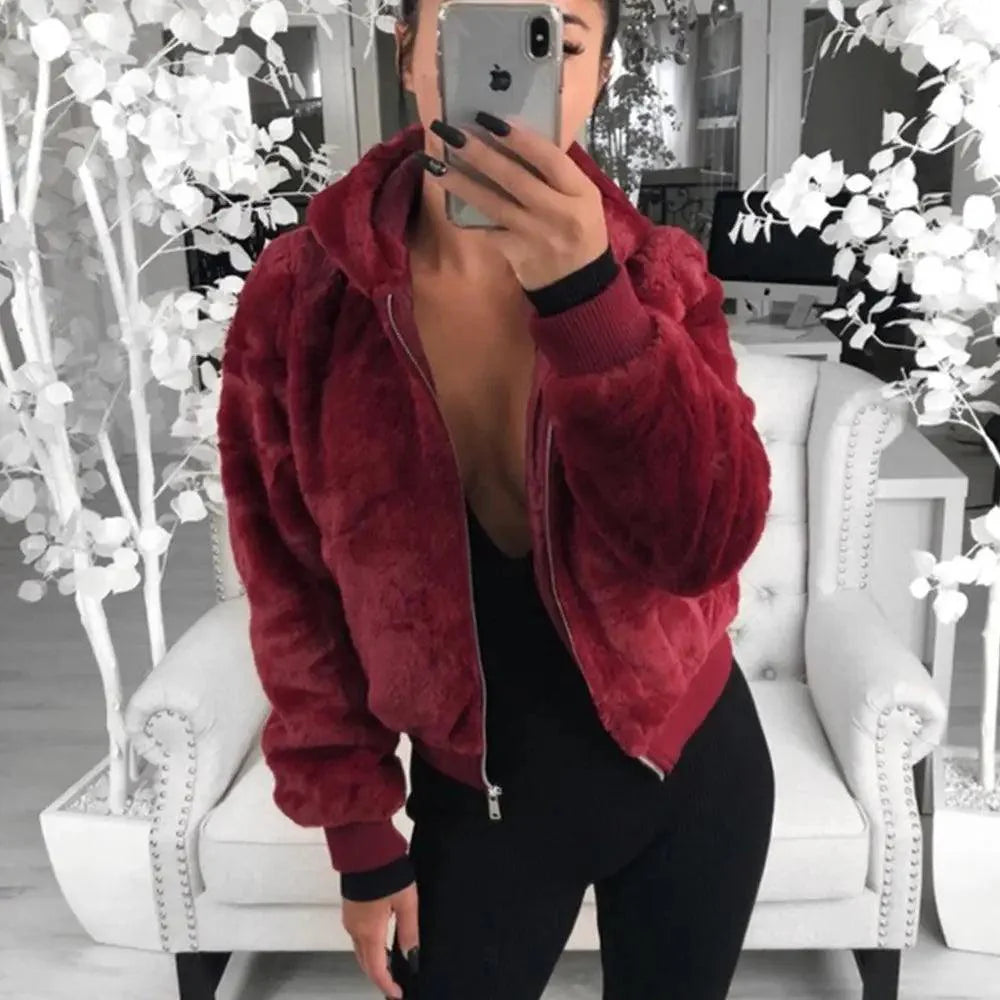 Women's Faux Fur Hooded Coat with Asymmetrical Zip and Slim Fit