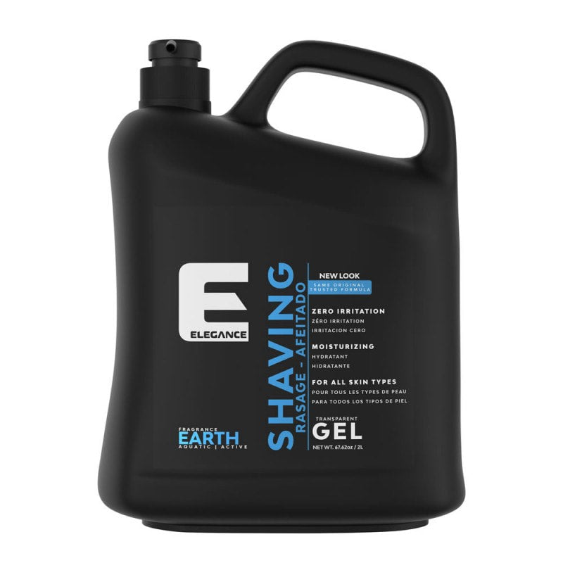 A large 2L container of Elegance Shaving Gel in Earth, a transparent professional shaving formula.