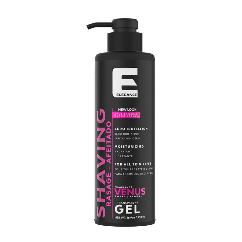 A 16.9oz pump bottle of Elegance Venus Shaving Gel with matte black packaging and bold pink and white typography.