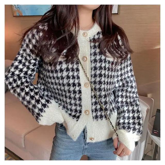 Women's Mink Fleece Knit Cardigan Jacket O-Neck Vintage Sweater