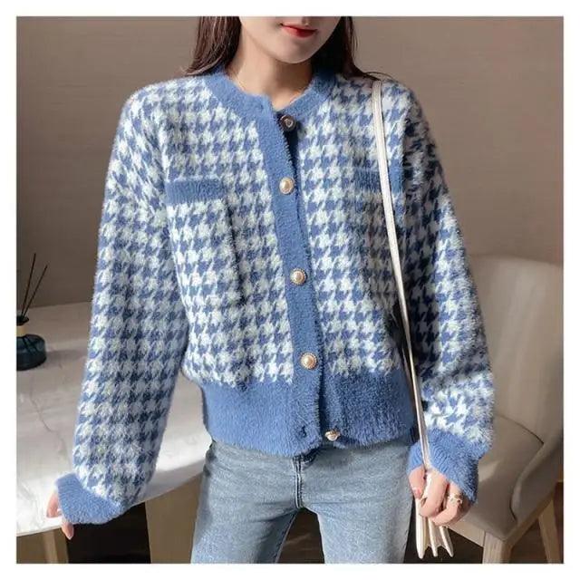 Women's Mink Fleece Knit Cardigan Jacket O-Neck Vintage Sweater
