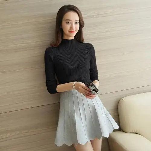 Women's Long Sleeve Turtleneck Sweater - Solid Black & White Pullover