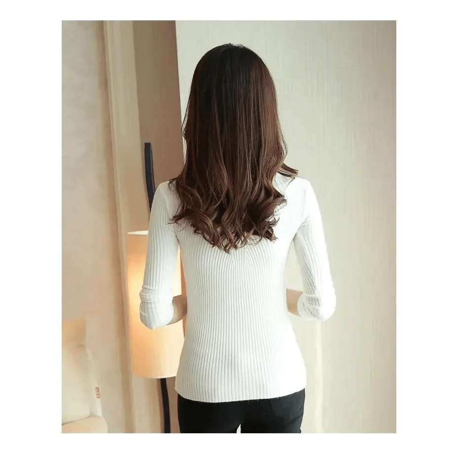 Women's Long Sleeve Turtleneck Sweater - Solid Black & White Pullover