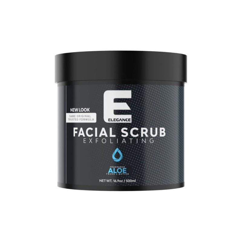 Elegance Facial Scrub 16.9oz jar with blue and black professional packaging