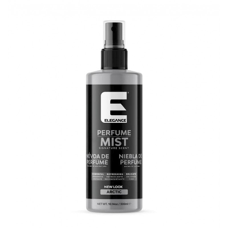 Bottle of Elegance Arctic Perfume Mist and Aftershave, 10.14oz, in sleek black and silver packaging.
