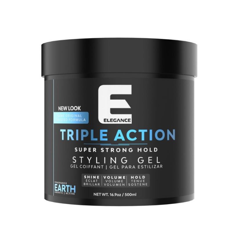 16.9oz jar of Elegance Triple Action Styling Gel in black packaging