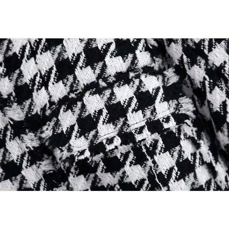 Girls Black Tassel Houndstooth Tweed Jacket Vintage Style Coat