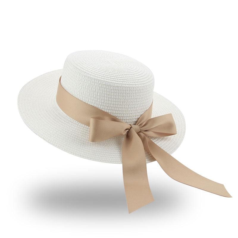 Women's Wide Brim Straw Bucket Hat with Ribbon Bowknot