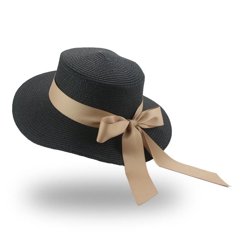 Women's Wide Brim Straw Bucket Hat with Ribbon Bowknot