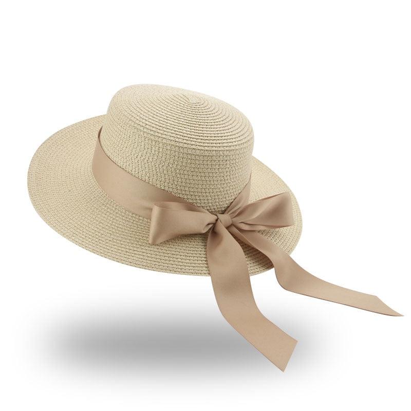 Women's Wide Brim Straw Bucket Hat with Ribbon Bowknot