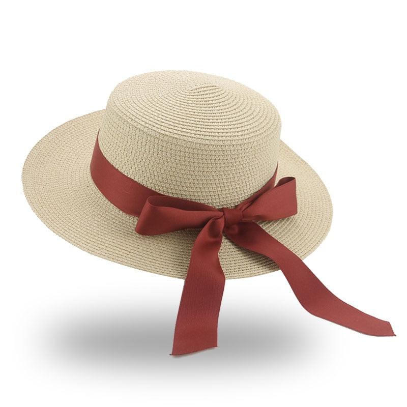 Women's Wide Brim Straw Bucket Hat with Ribbon Bowknot