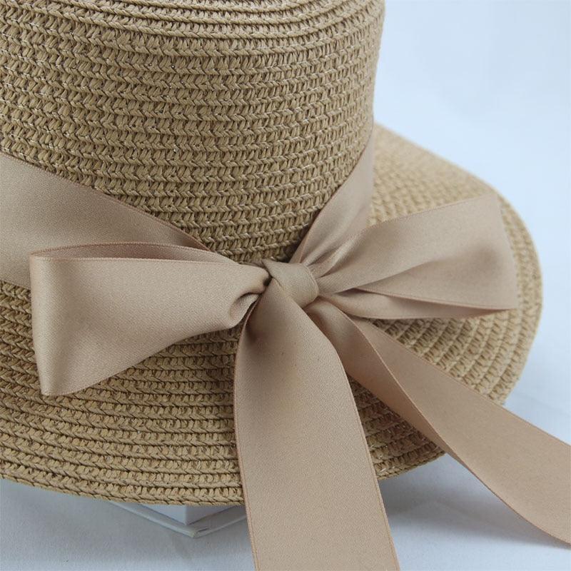 Women's Wide Brim Straw Bucket Hat with Ribbon Bowknot