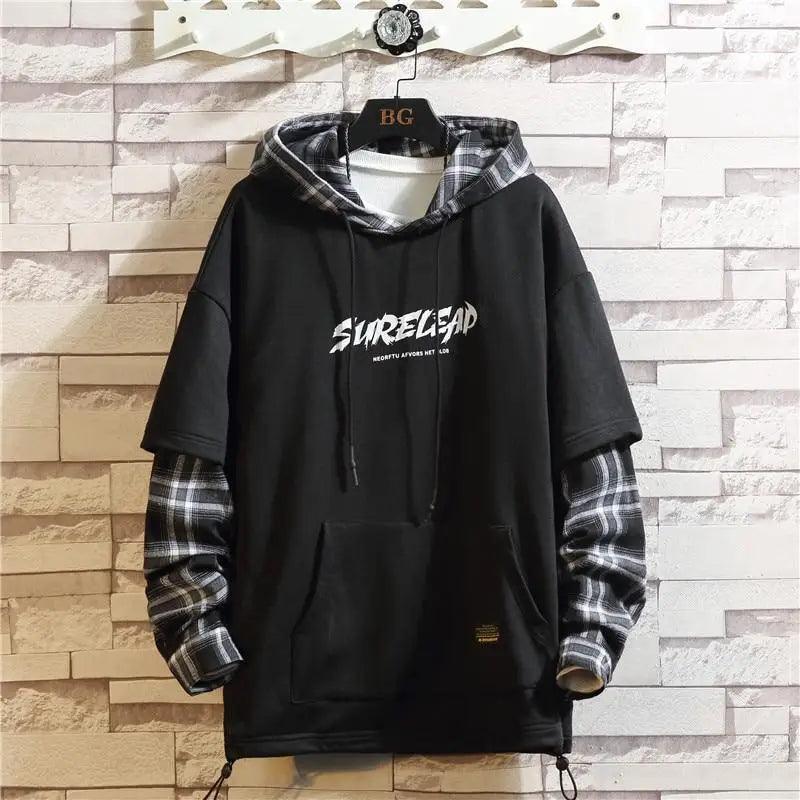 Men's black punk style hoodie with contrast color design and drawstring