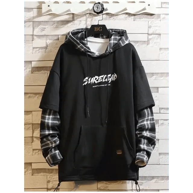 Men's Black Punk Streetwear Hoodie with Contrast Color Design