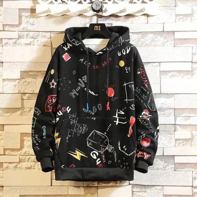 Men's Black Punk Streetwear Hoodie with Contrast Color Design
