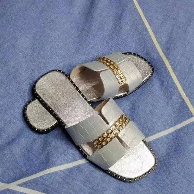 Elegant Black Chain Detail Women Flat Summer Sandals