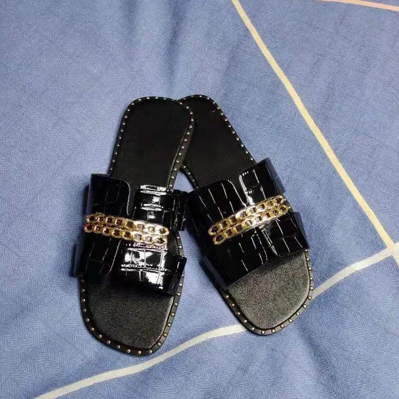Elegant Black Chain Detail Women Flat Summer Sandals