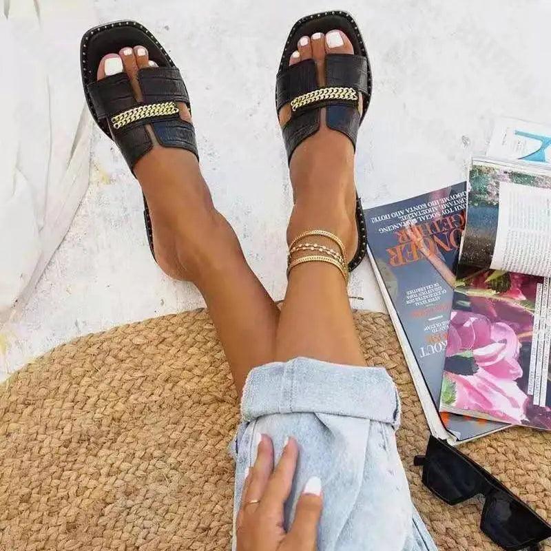 Elegant Black Chain Detail Women Flat Summer Sandals