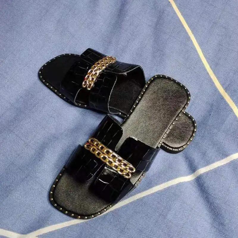 Elegant Black Chain Detail Women Flat Summer Sandals