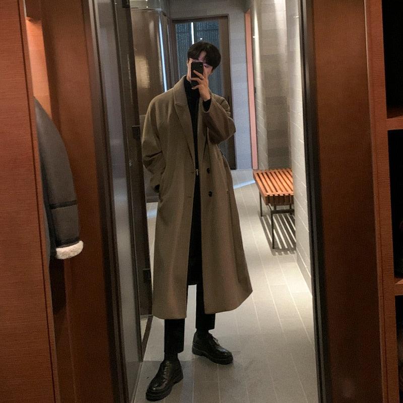 Men's Brown Long Overcoat - Elegant Casual Business Trench Coat