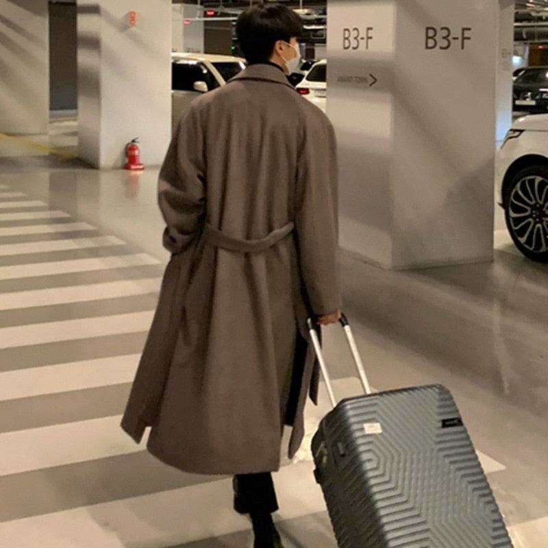 Men's Brown Long Overcoat - Elegant Casual Business Trench Coat