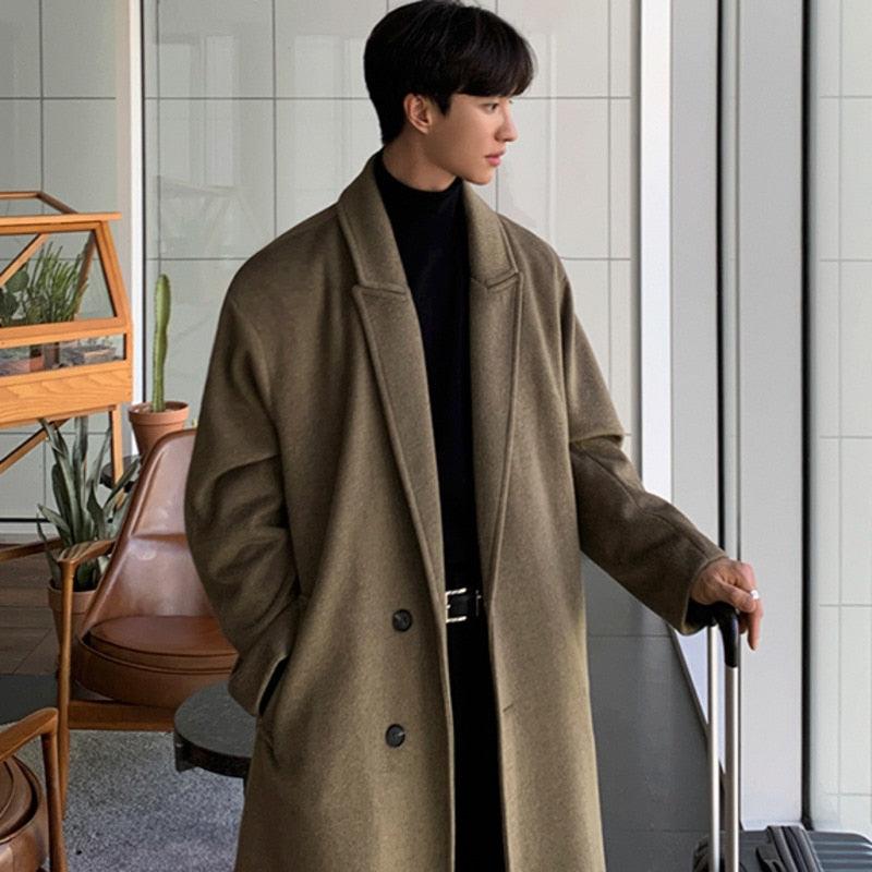 Men's elegant brown long overcoat with a casual business aesthetic