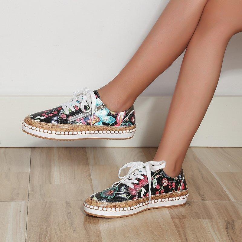 Women’s Floral Printed Lace-Up Sneakers, Comfortable Casual Tennis Shoes