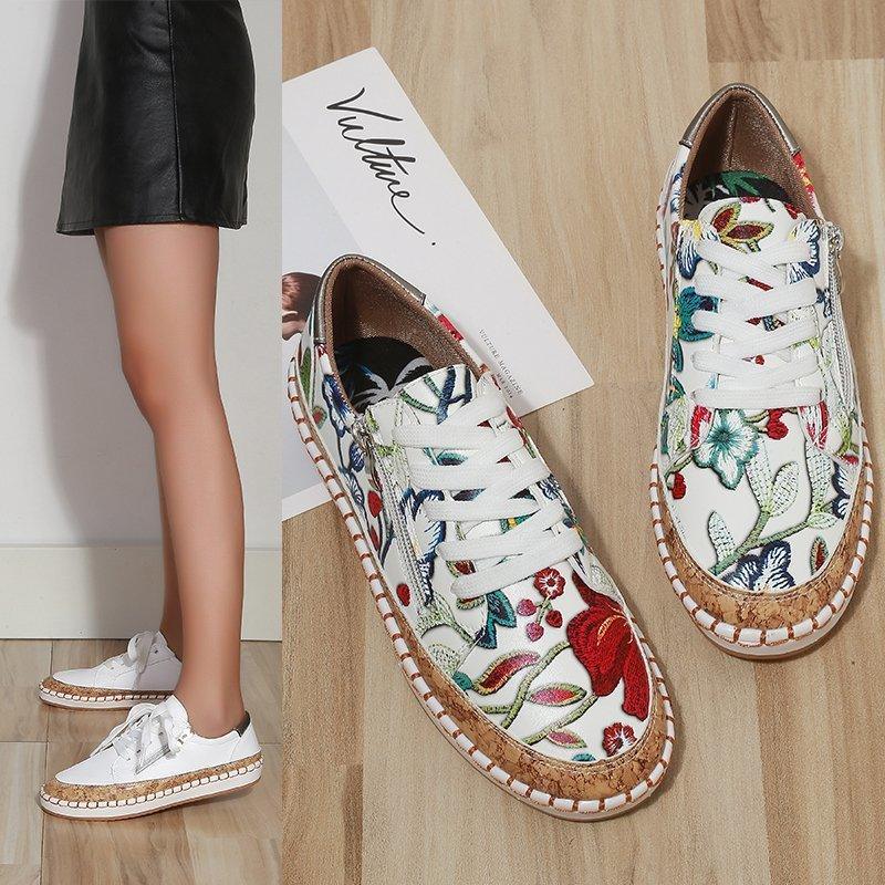 Women’s Floral Printed Lace-Up Sneakers, Comfortable Casual Tennis Shoes