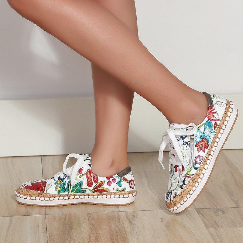 Women’s Floral Printed Lace-Up Sneakers, Comfortable Casual Tennis Shoes
