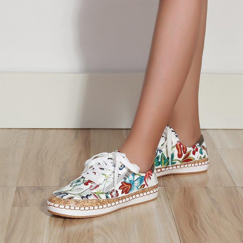Women’s Floral Printed Lace-Up Sneakers, Comfortable Casual Tennis Shoes