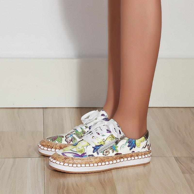 Women’s Floral Printed Lace-Up Sneakers, Comfortable Casual Tennis Shoes