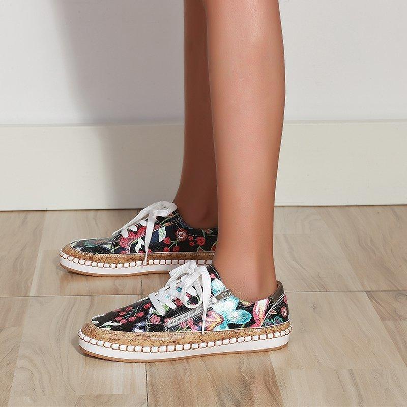 Women’s Floral Printed Lace-Up Sneakers, Comfortable Casual Tennis Shoes