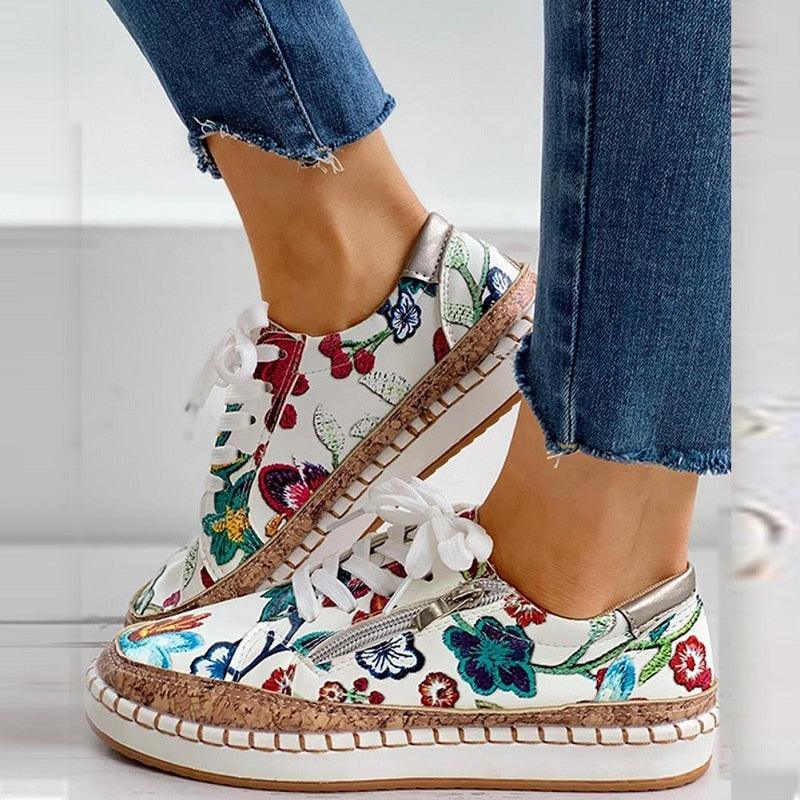 Women’s Floral Printed Lace-Up Sneakers, Comfortable Casual Tennis Shoes