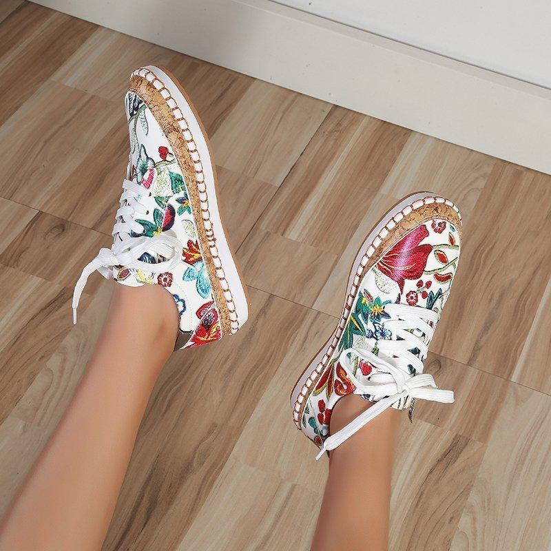 Women’s Floral Printed Lace-Up Sneakers, Comfortable Casual Tennis Shoes