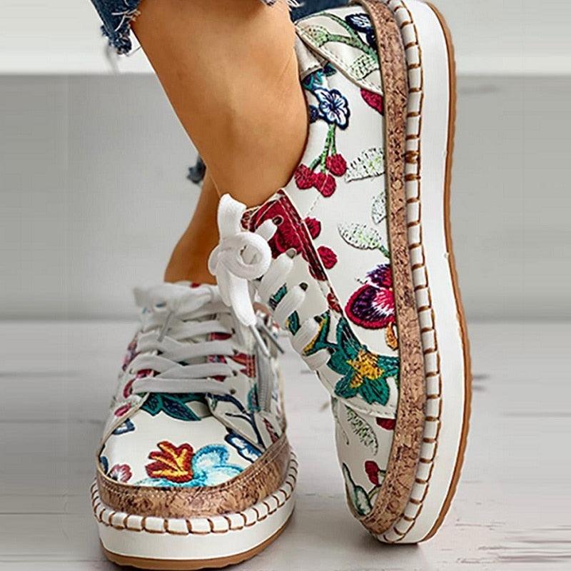 Women’s Floral Printed Lace-Up Sneakers, Comfortable Casual Tennis Shoes