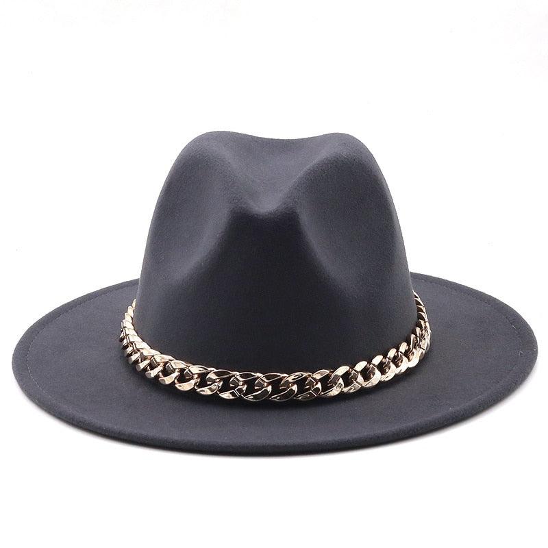 Elegant Green Wide Brim Fedora Hat with Chain Band