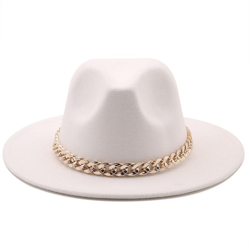 Elegant Green Wide Brim Fedora Hat with Chain Band