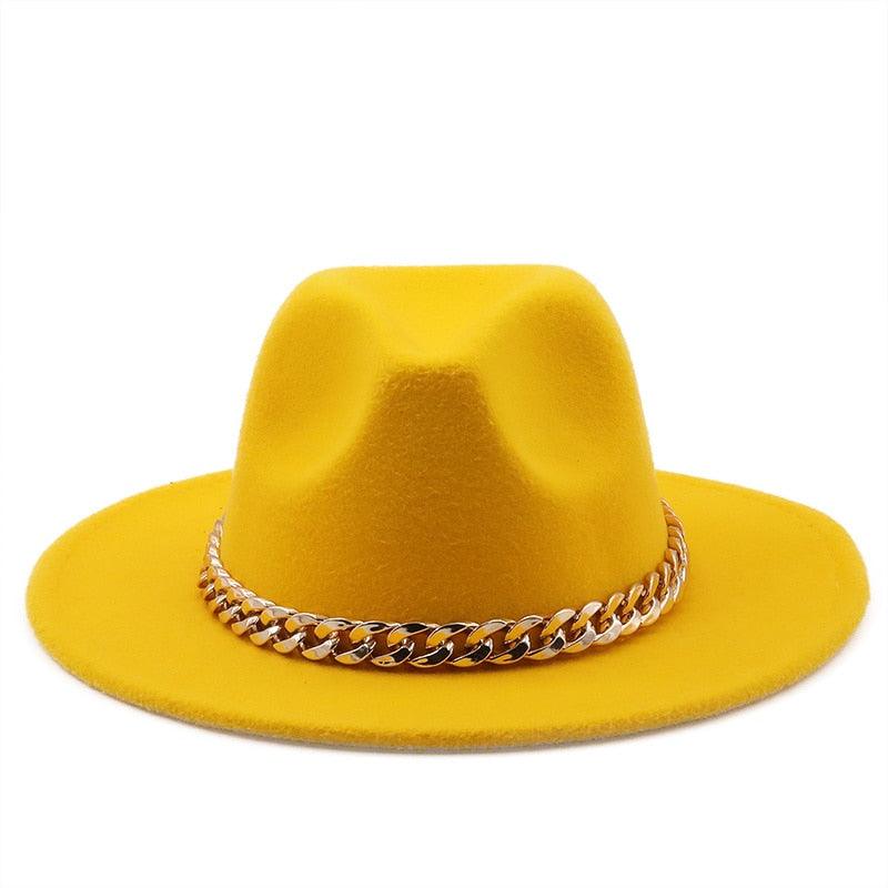 Elegant Green Wide Brim Fedora Hat with Chain Band