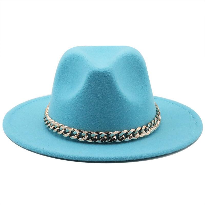 Elegant Green Wide Brim Fedora Hat with Chain Band