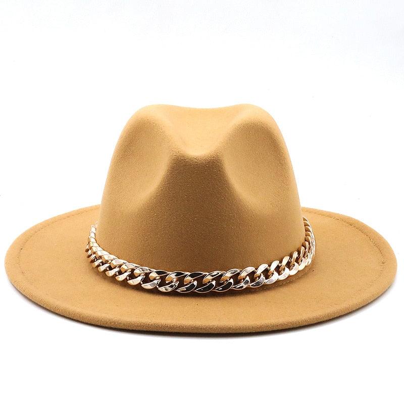 Elegant Green Wide Brim Fedora Hat with Chain Band